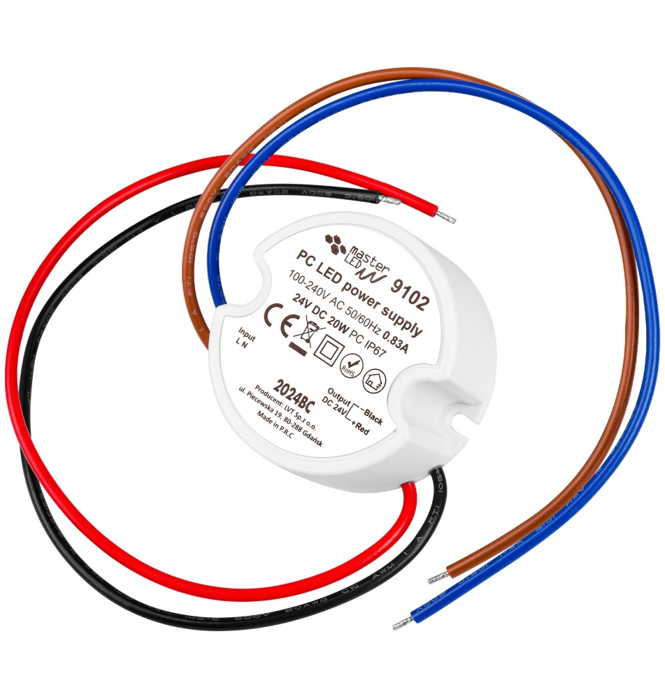 Zasilacz LED dopuszkowy PC 24V 20W 0.83A IP67 | LVT