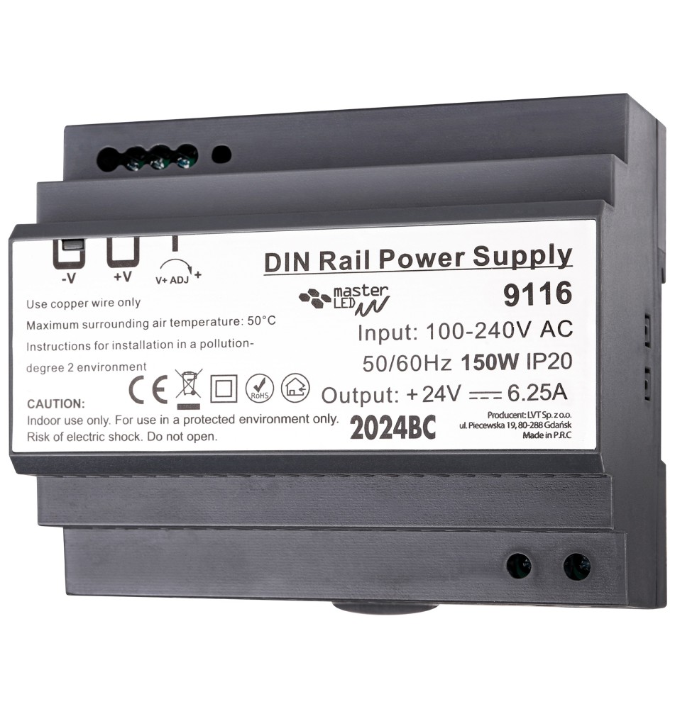Zasilacz na szynę DIN 24V 150W 6.25A IP20 | LVT