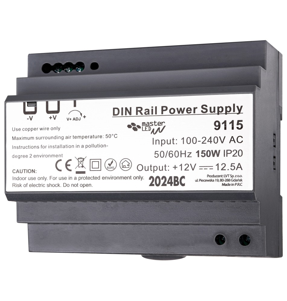 12V 150W 12.5A IP20 DIN Rail Power Supply | LVT