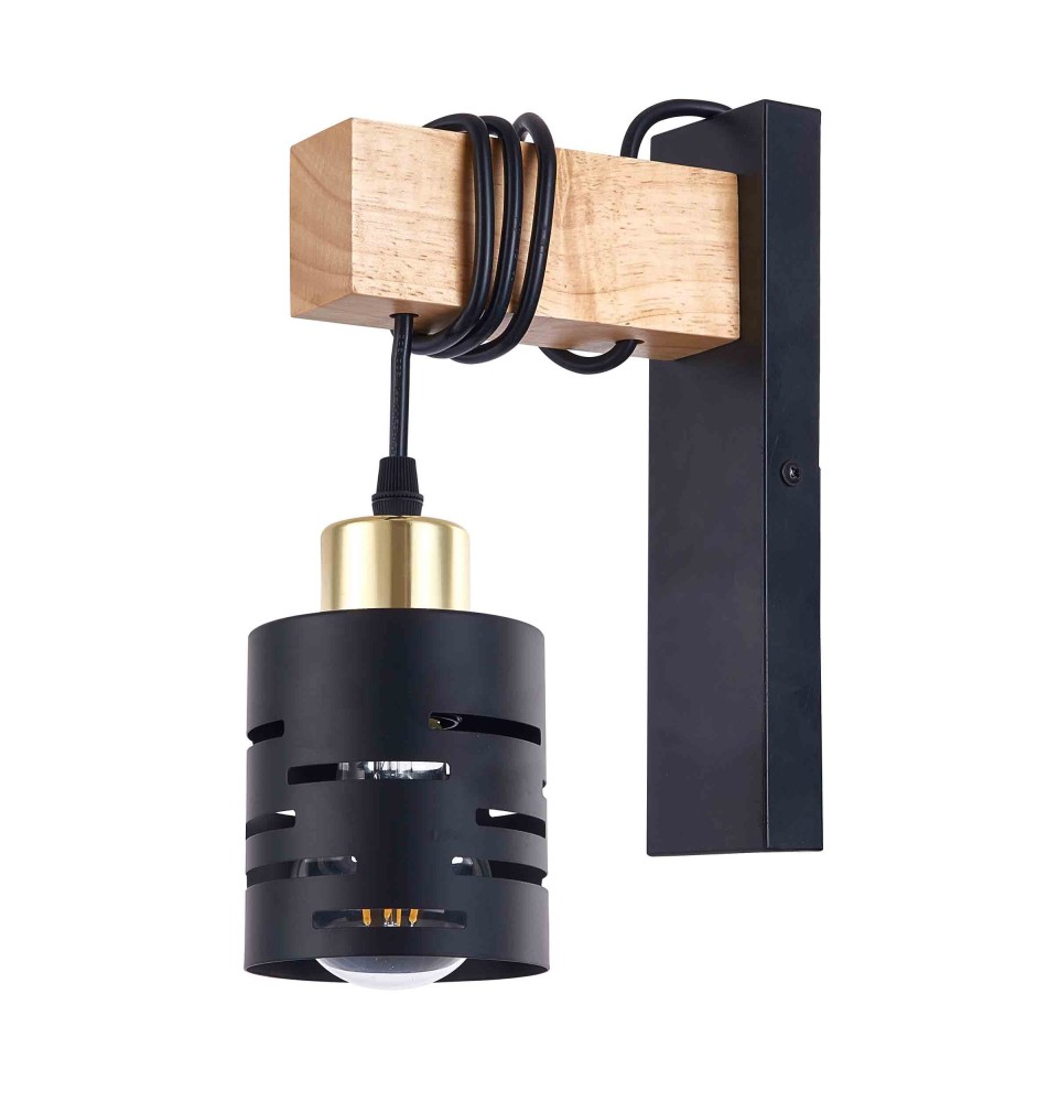 Kinkiet E27 LED Elen wiszący x1 czarny + złoty + drewno