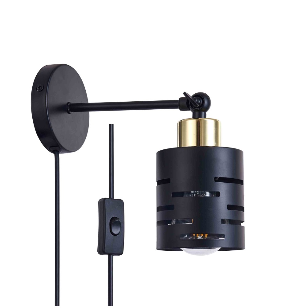 Kinkiet E27 LED Elen ruchomy x1 czarny + złoty z wtyczką