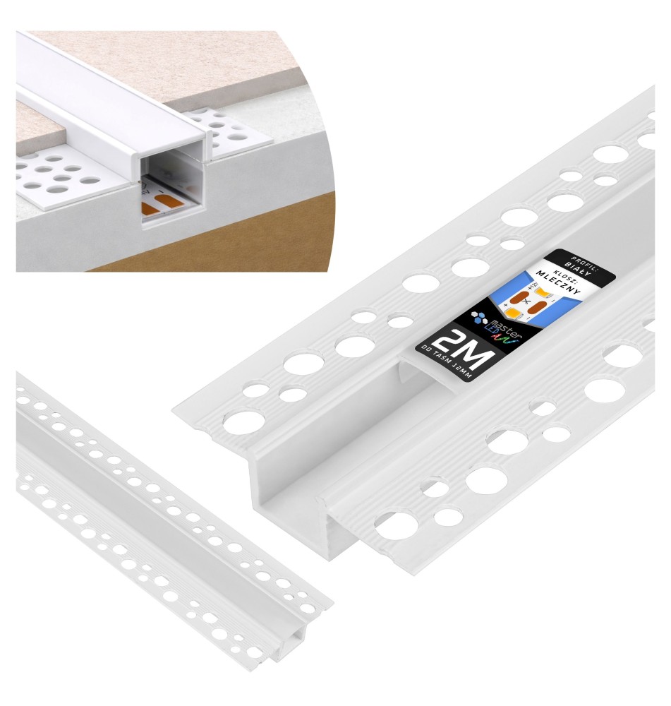 50x12 PVC LED Profile, Recessed for Drywall, White, 2 m, Opaque | LVT