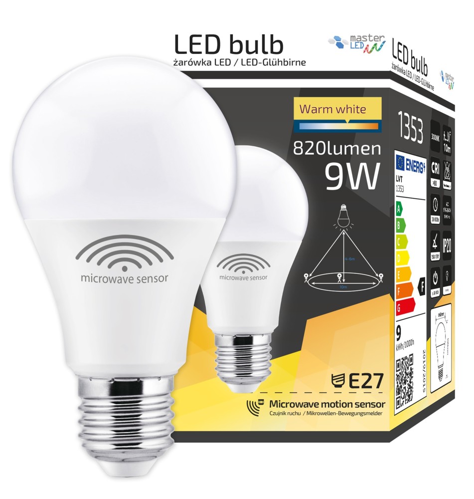 Żarówka LED E27 czujnik mikrofalowy A60 3000K 9W.