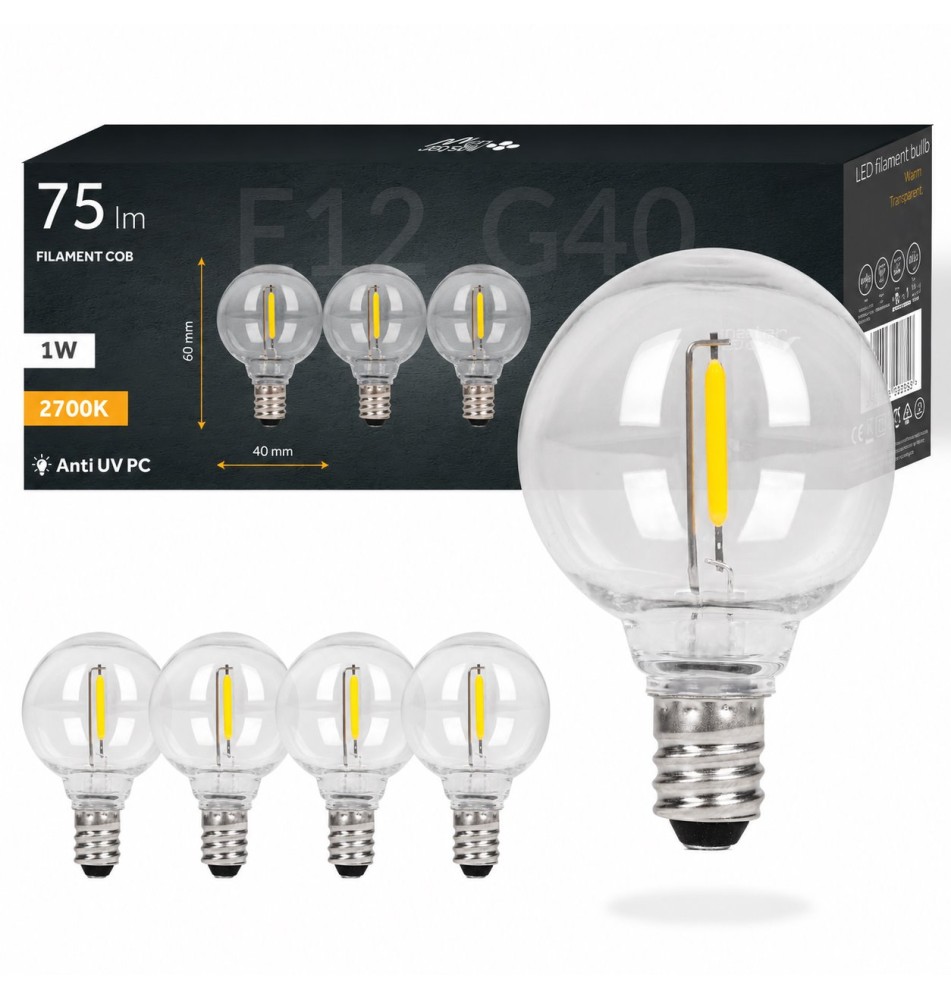Żarówka LED E12 Filament G40 24V 1W PC 5 szt | LVT