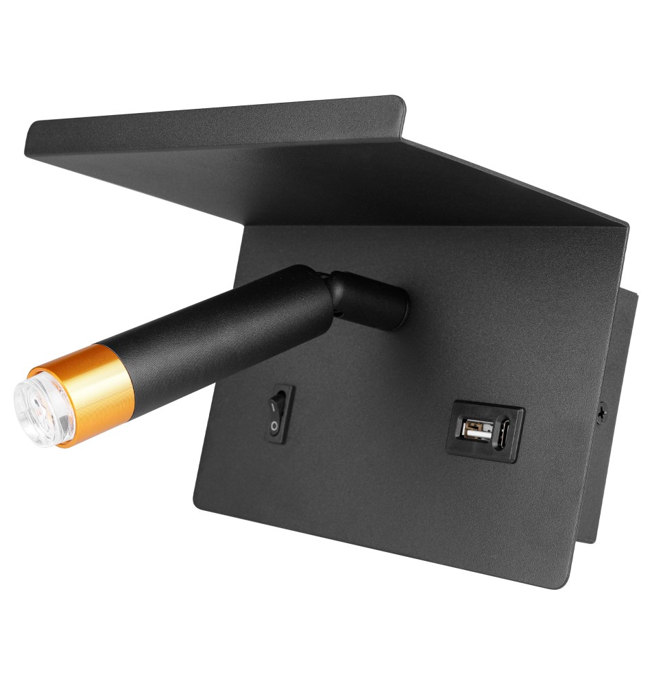 Kinkiet do czytania Piero G9 półka USB czarny + złoty