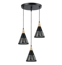 Oprawa wisząca E27 Hira x3 czarna + drewno okrągła