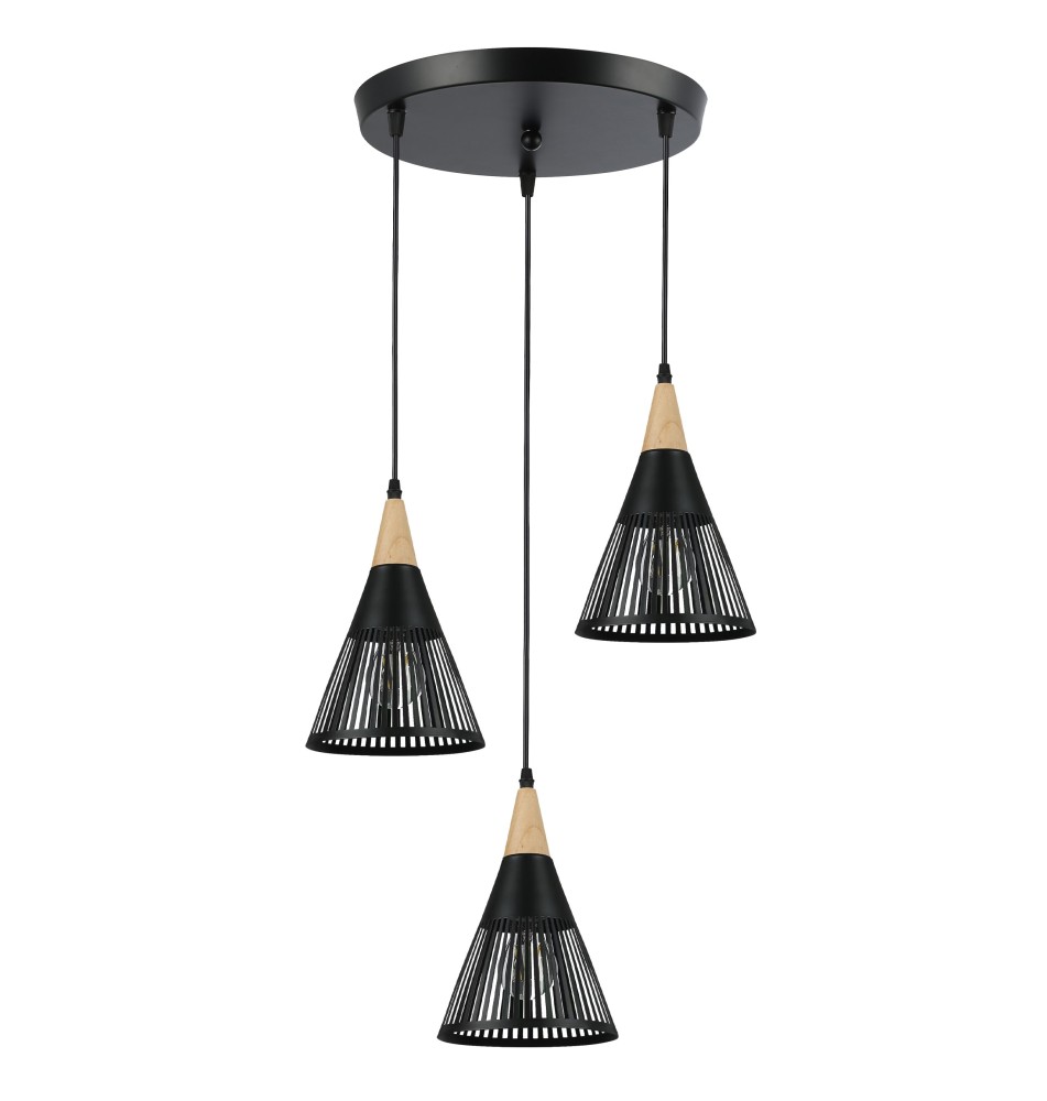 Oprawa wisząca E27 Hira x3 czarna + drewno okrągła
