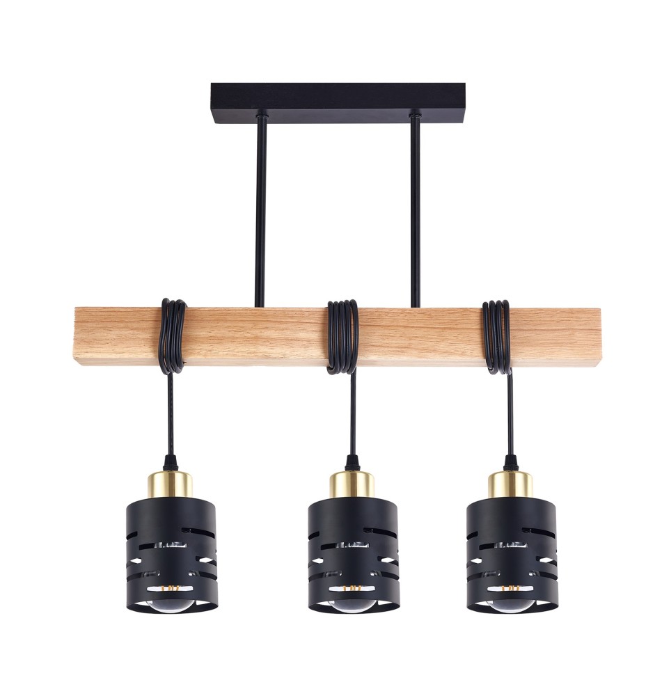 Elen E27 Pendant Light, 3-Light, 50 cm, Black + Gold + Wood | LVT