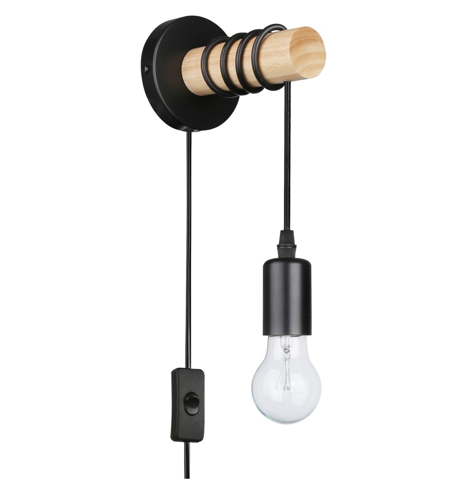 Kinkiet E27 LED Eos wiszący x1 czarny + drewno, z wtyczką