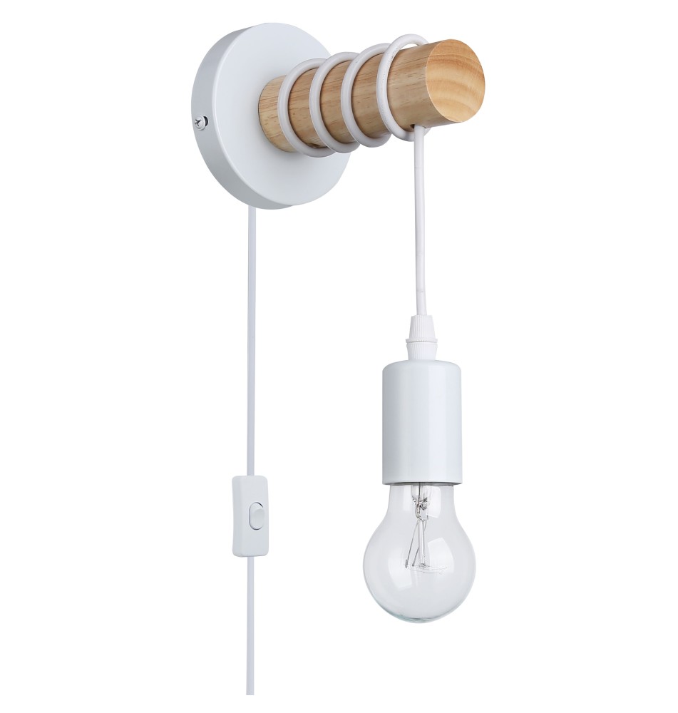 Kinkiet E27 LED Eos wiszący x1 biały + drewno, z wtyczką