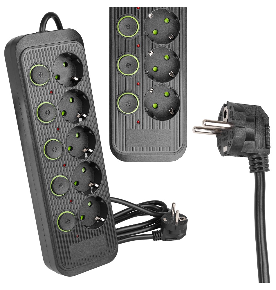 Modi Black Extension Cord, 5x230V, 2 m, with Switches | LVT