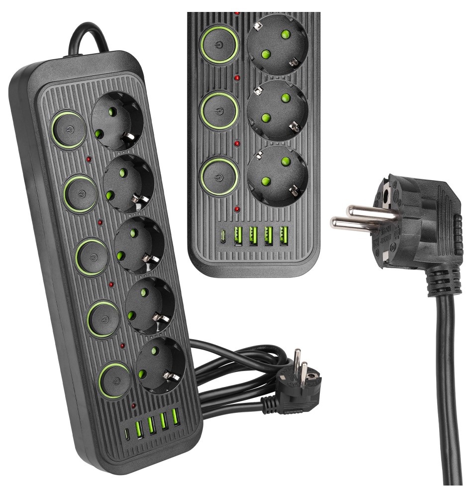 Przedłużacz Modi czarny 5x230V + 5x USB włączniki